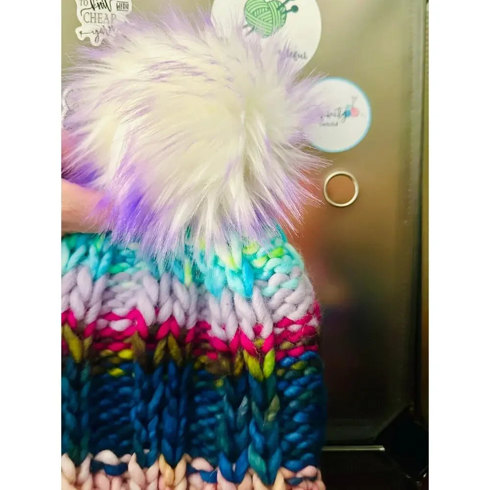 Handmade Neon Merino Wool Beanie: Colorful Winter Hat with Faux Fur Pom